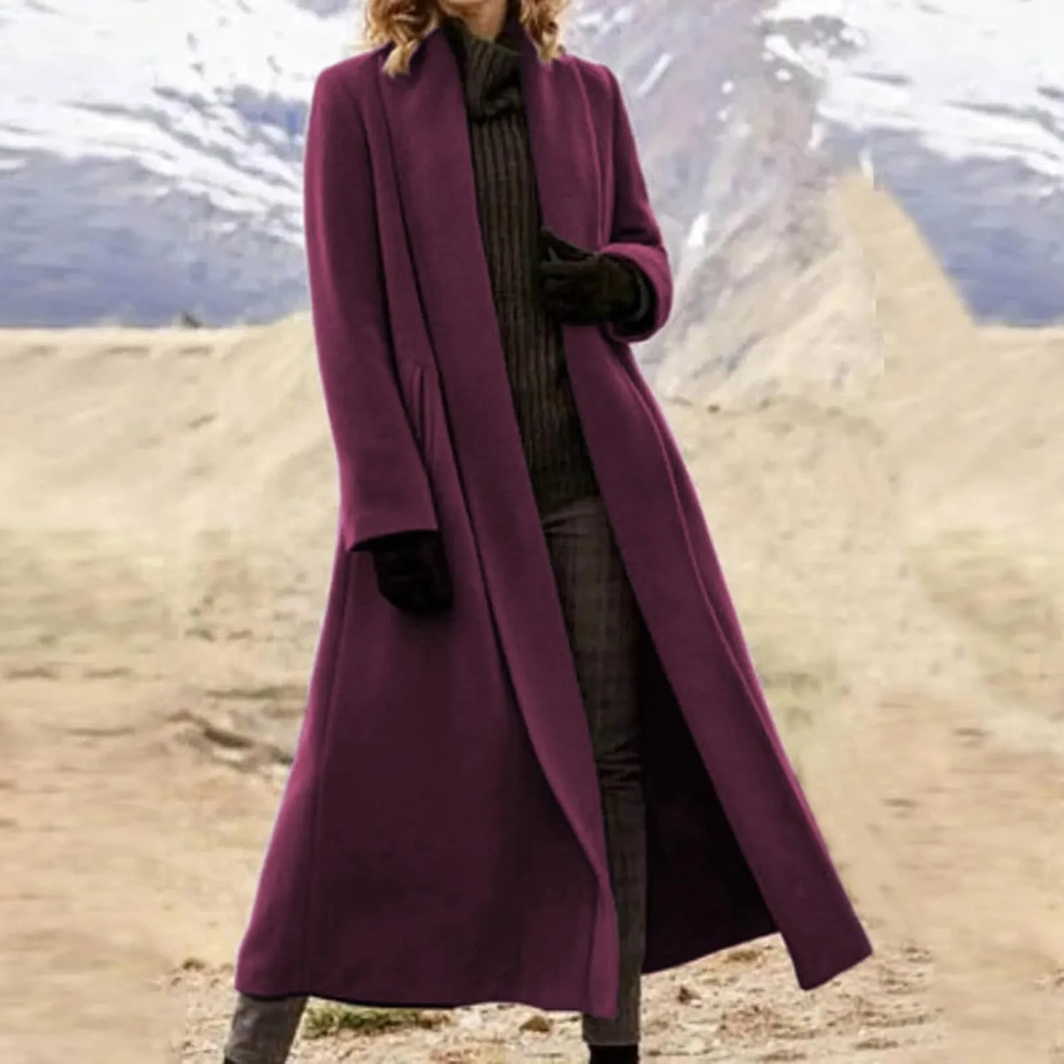 Womens Long Winter Pea Coat Casual Wool Blend Overcoat Notched Lapel Collar Trench Coat Belted Long Jacket Outerwear