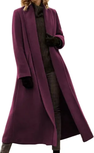 Womens Long Winter Pea Coat Casual Wool Blend Overcoat Notched Lapel Collar Trench Coat Belted Long Jacket Outerwear
