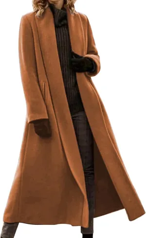 Womens Long Winter Pea Coat Casual Wool Blend Overcoat Notched Lapel Collar Trench Coat Belted Long Jacket Outerwear