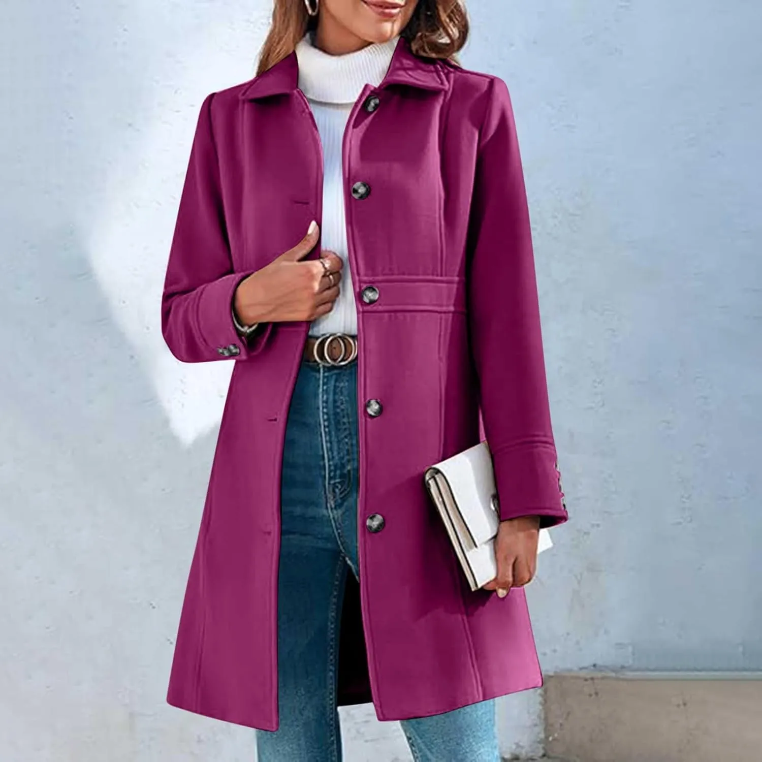 Womens Long Wool Coats Winter Dressy Single Breasted Blend Trench Coat Jacket Fall Winter Solid Color Casual Peacoat