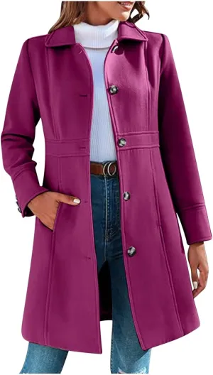 Womens Long Wool Coats Winter Dressy Single Breasted Blend Trench Coat Jacket Fall Winter Solid Color Casual Peacoat