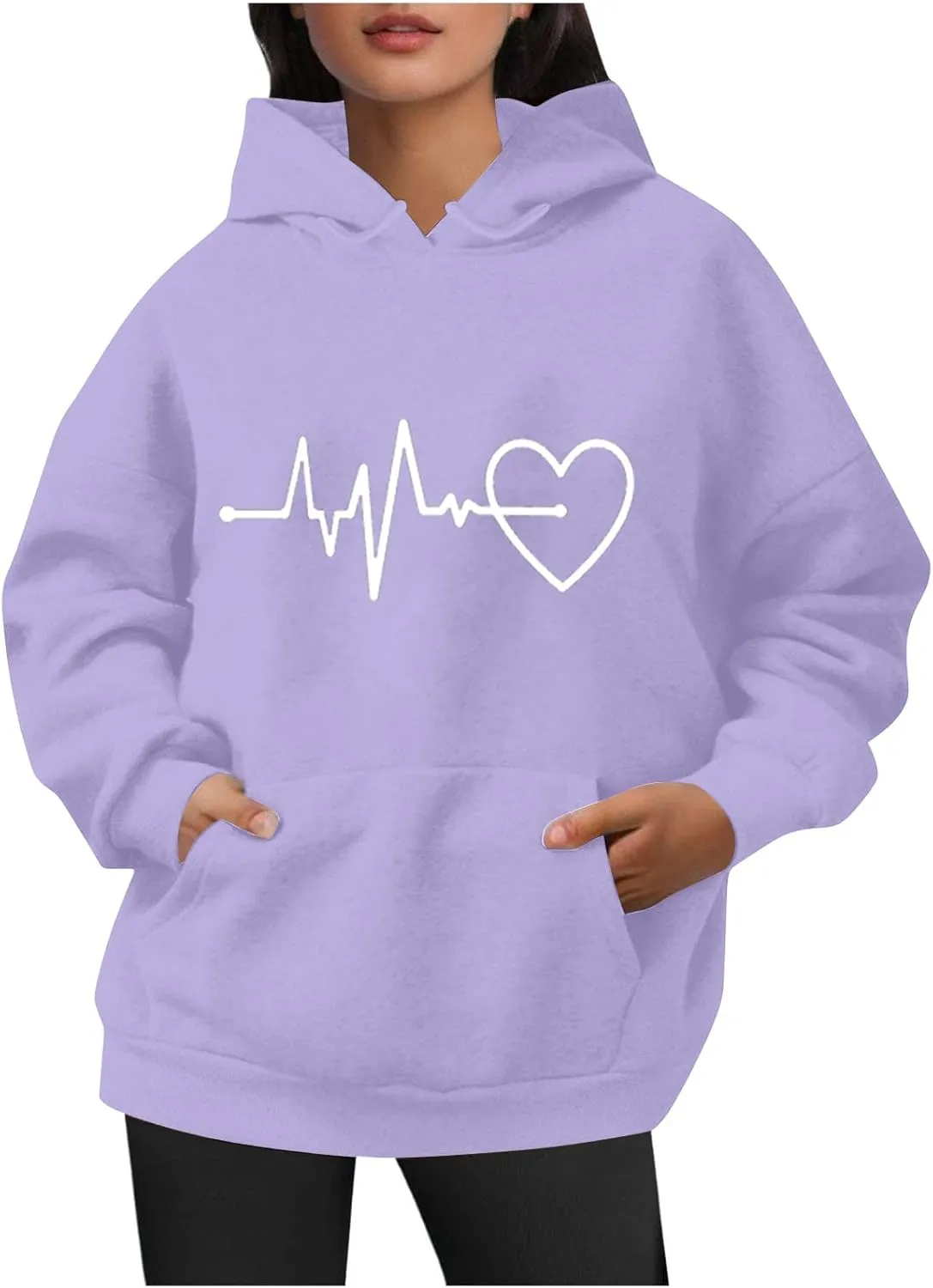Womens Loose Fit Long Sleeve Comfy Hoodies Love Heart Graphic Sweatshirts Fashion Cute Pullover Tops with Pocket