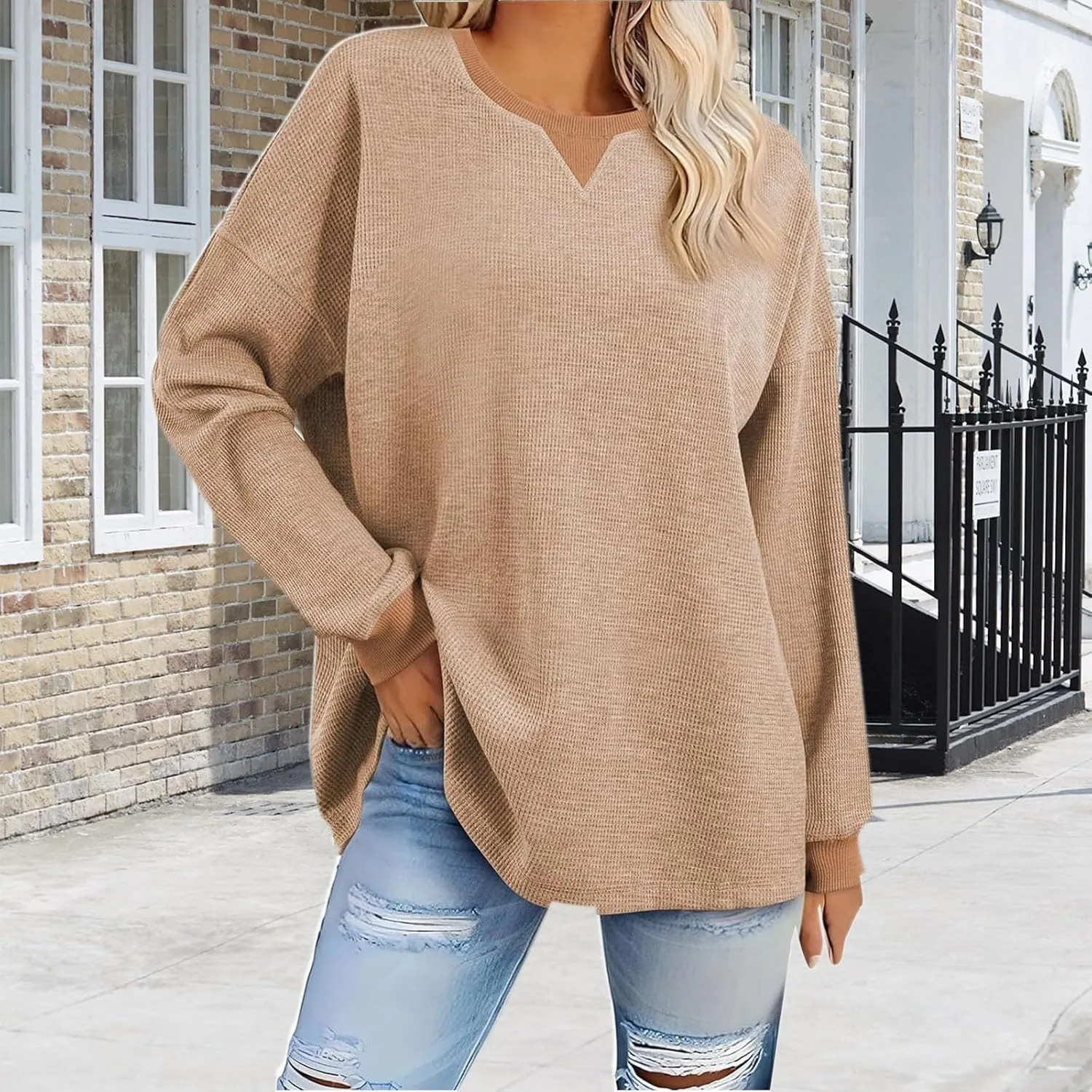 Womens Loose Sweatshirt Casual Knitted Long Sleece Round Neck Lightweight Hoodie Oversized Pullover Workout Tops