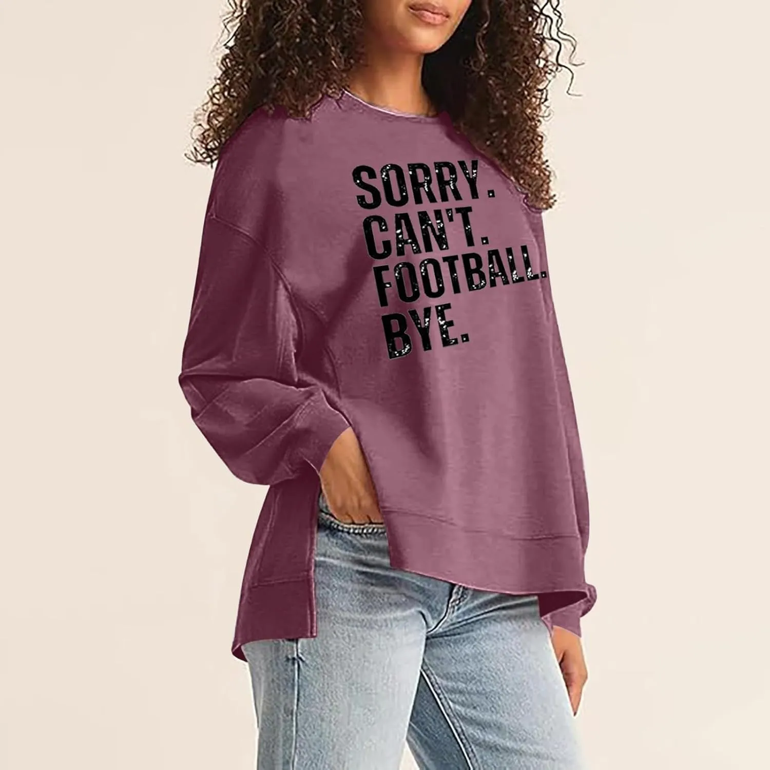 Womens Loose Sweatshirts Crewneck Letter Print Long Sleeve Hoodies Fall Workout High Low Hem Slit Tops for Teen Girls