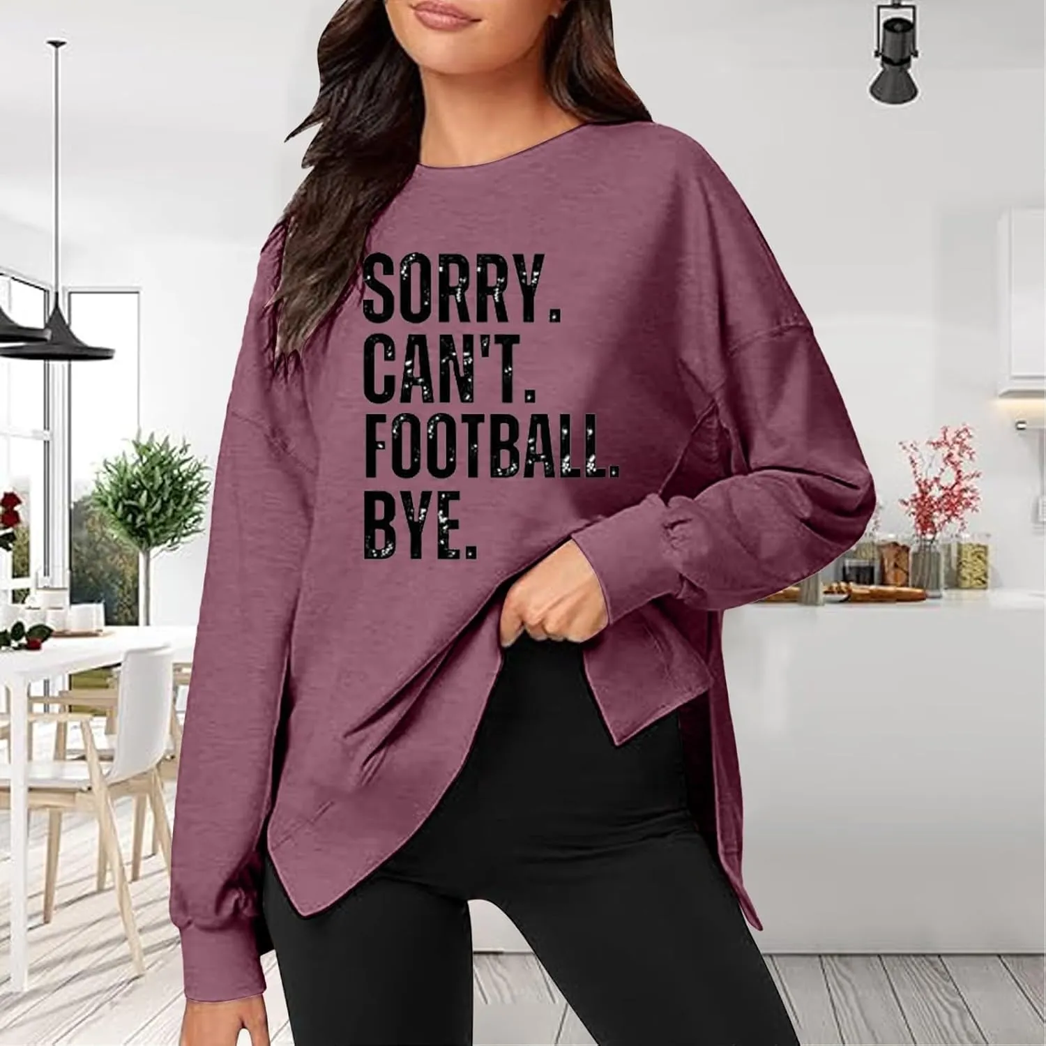 Womens Loose Sweatshirts Crewneck Letter Print Long Sleeve Hoodies Fall Workout High Low Hem Slit Tops for Teen Girls