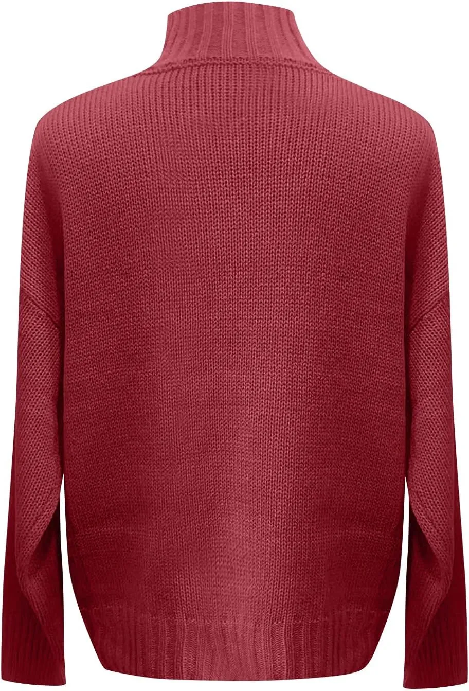 Women's Mock Neck Long Sleeve Soft Knit Pullover Sweater Tops 2024 Fall Turtleneck Ribbed Knit Casual Soft Jumper