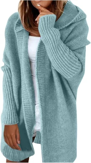 Womens Open Front Knit Cardigan Long Batwing Sleeve Hooded Oversized Sweater Chunky Cable Boho Pockets Coat