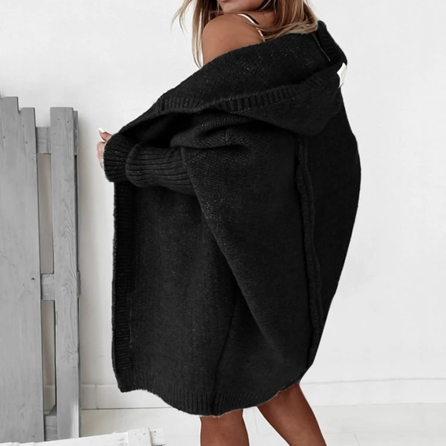 Womens Open Front Knit Cardigan Long Batwing Sleeve Hooded Oversized Sweater Chunky Cable Boho Pockets Coat