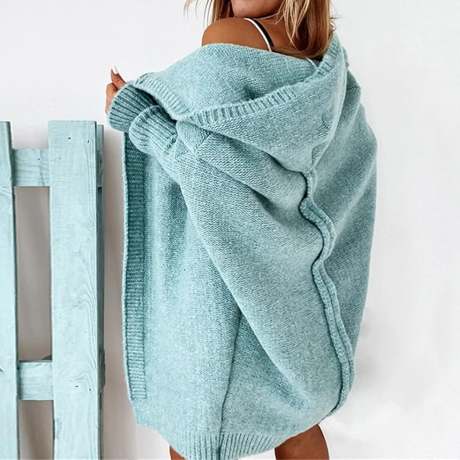 Womens Open Front Knit Cardigan Long Batwing Sleeve Hooded Oversized Sweater Chunky Cable Boho Pockets Coat