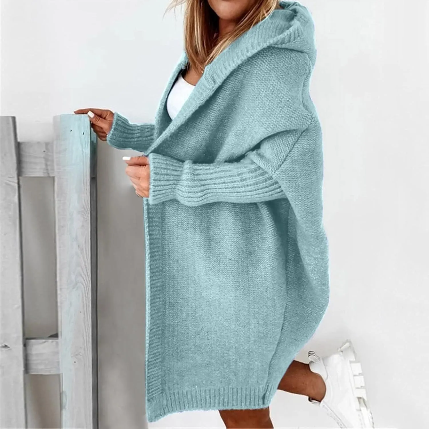 Womens Open Front Knit Cardigan Long Batwing Sleeve Hooded Oversized Sweater Chunky Cable Boho Pockets Coat