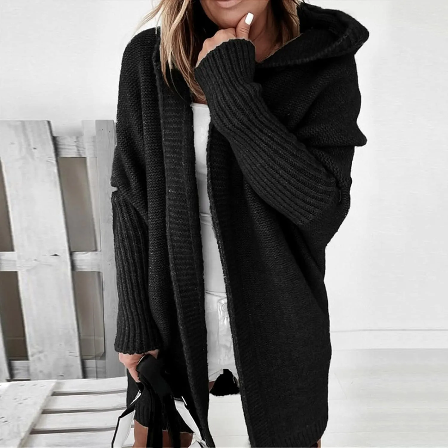 Womens Open Front Knit Cardigan Long Batwing Sleeve Hooded Oversized Sweater Chunky Cable Boho Pockets Coat