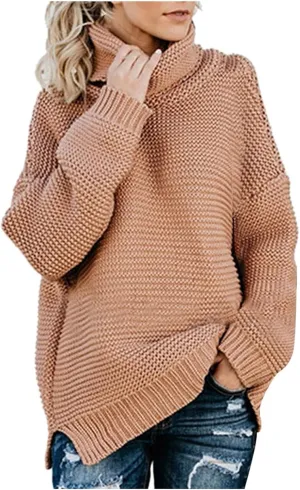 Women's Oversized Chunky Knit Sweater Turtleneck Long Sleeve Solid Sweatshirt Casual Loose Comfort Spilt Pullover