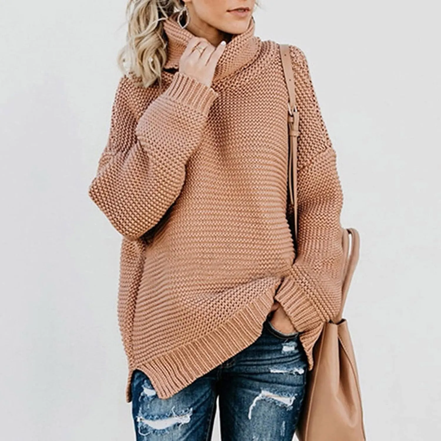 Women's Oversized Chunky Knit Sweater Turtleneck Long Sleeve Solid Sweatshirt Casual Loose Comfort Spilt Pullover