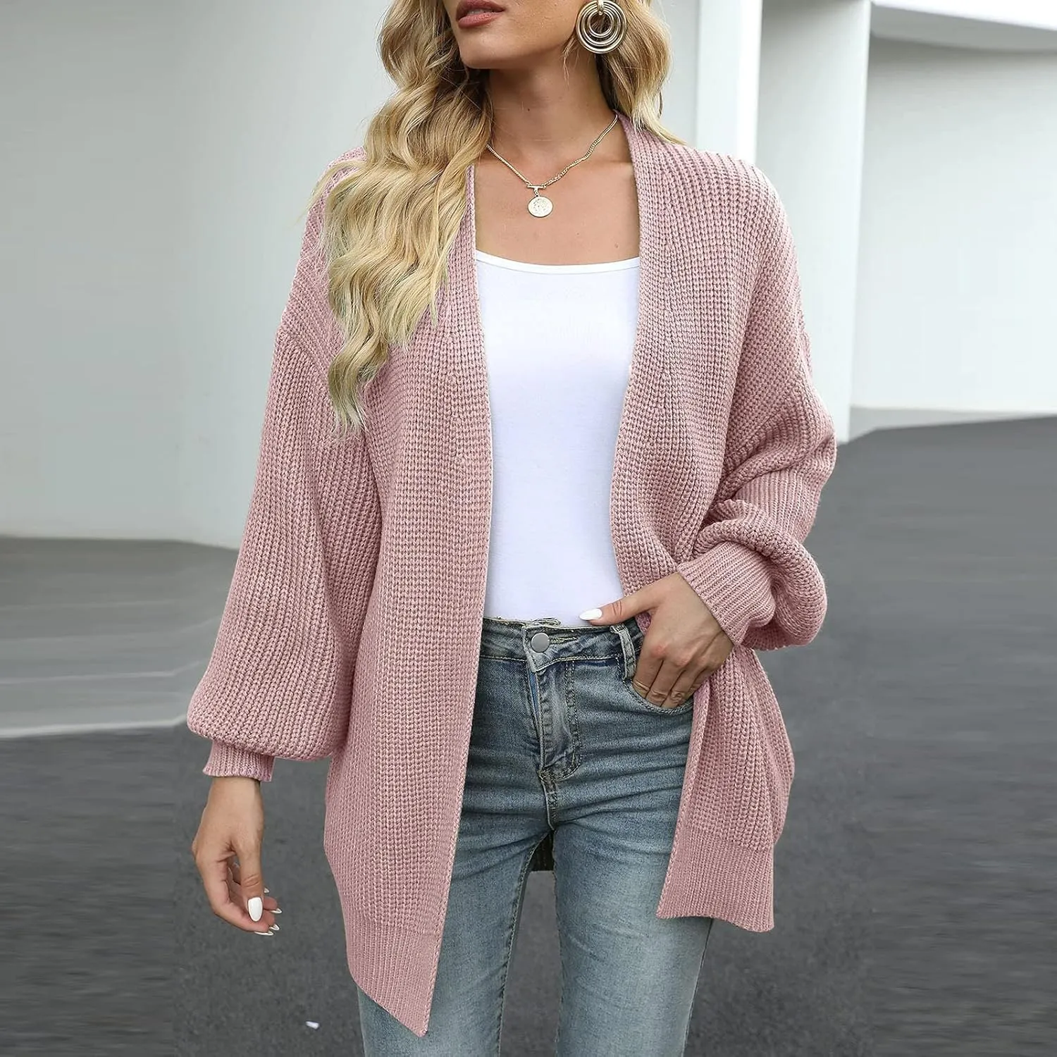 Women's Oversized Cute Lightweight Long Cardigans Chunky Knit Waffle Sweater V Neck Open Loose Outwear