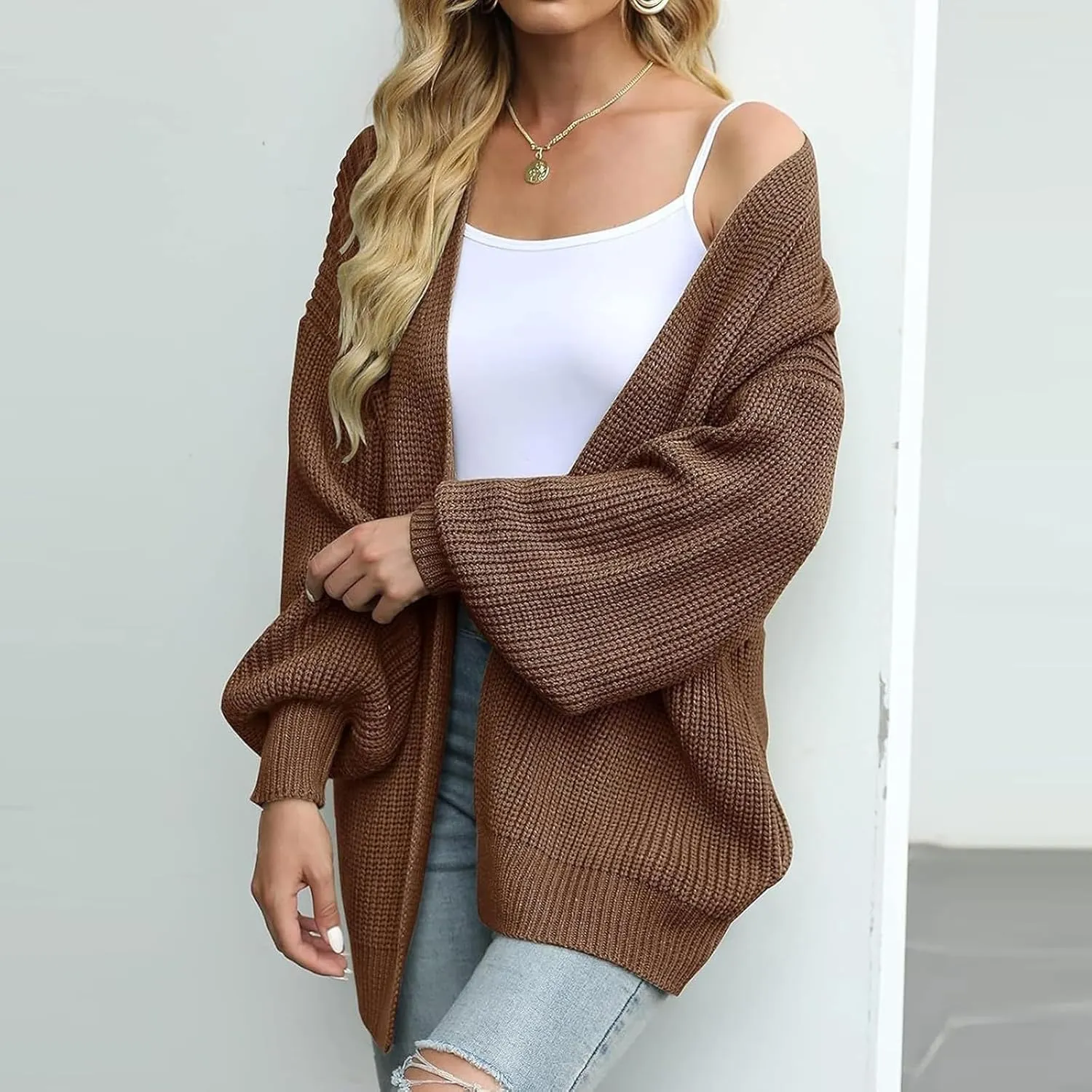 Women's Oversized Cute Lightweight Long Cardigans Chunky Knit Waffle Sweater V Neck Open Loose Outwear