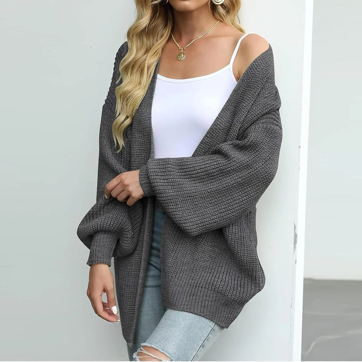 Women's Oversized Cute Lightweight Long Cardigans Chunky Knit Waffle Sweater V Neck Open Loose Outwear