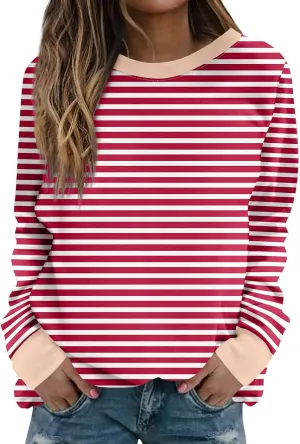 Womens Oversized Hoodless Sweatshirts Striped Long Sleeve Crewneck 2024 Trendy Fall Outfits Pullover Y2K Tops