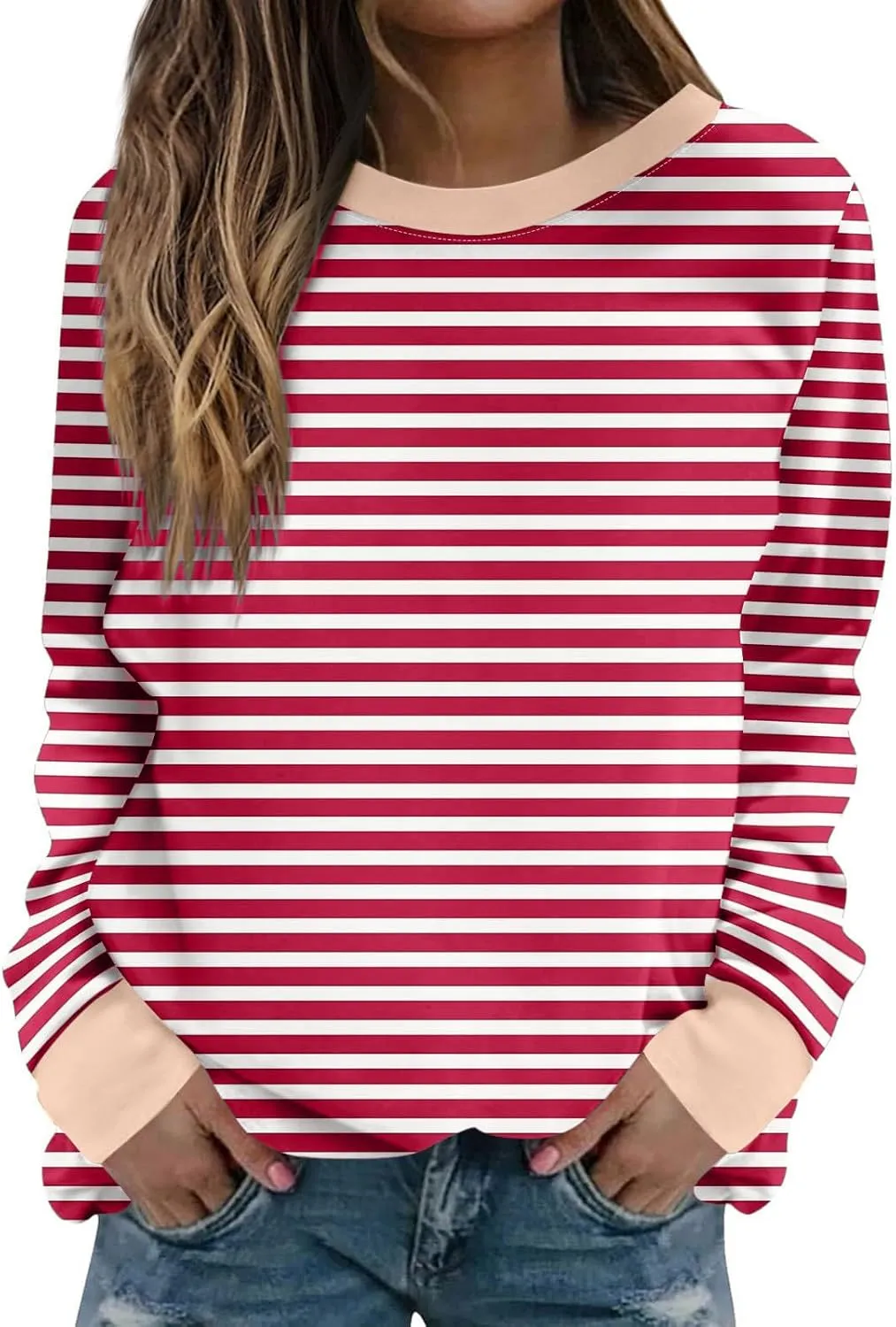 Womens Oversized Hoodless Sweatshirts Striped Long Sleeve Crewneck 2024 Trendy Fall Outfits Pullover Y2K Tops