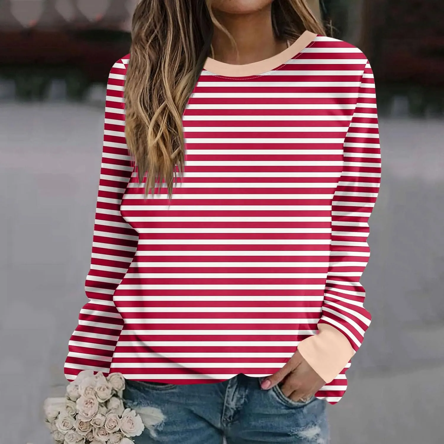 Womens Oversized Hoodless Sweatshirts Striped Long Sleeve Crewneck 2024 Trendy Fall Outfits Pullover Y2K Tops