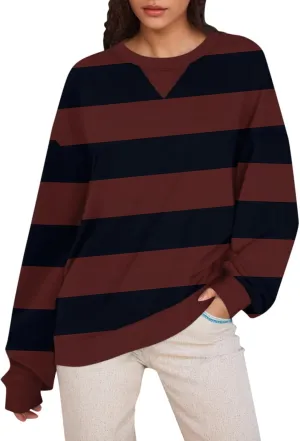 Women's Oversized Pullover Striped Sweatshirt Soft Crew Neck Fall Sweaters for Women Trendy 2024