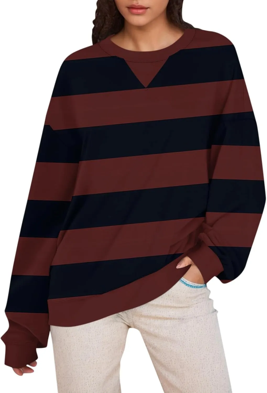 Women's Oversized Pullover Striped Sweatshirt Soft Crew Neck Fall Sweaters for Women Trendy 2024