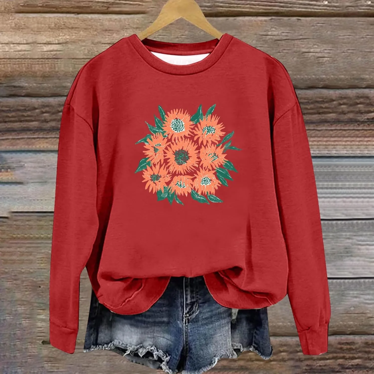 Womens Oversized Sweatshirts Crew Neck Long Sleeve Floral Print Top Casual Loose Fleece Soft Fashion Clothes 2024