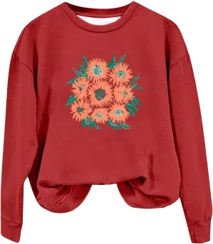 Womens Oversized Sweatshirts Crew Neck Long Sleeve Floral Print Top Casual Loose Fleece Soft Fashion Clothes 2024