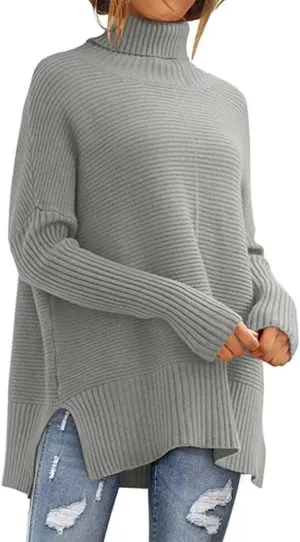 Women's Oversized Turtleneck Sweaters Fall Batwing Sleeve Ribbed Side Split Tunic Sweater Casual Pullover Knit Tops