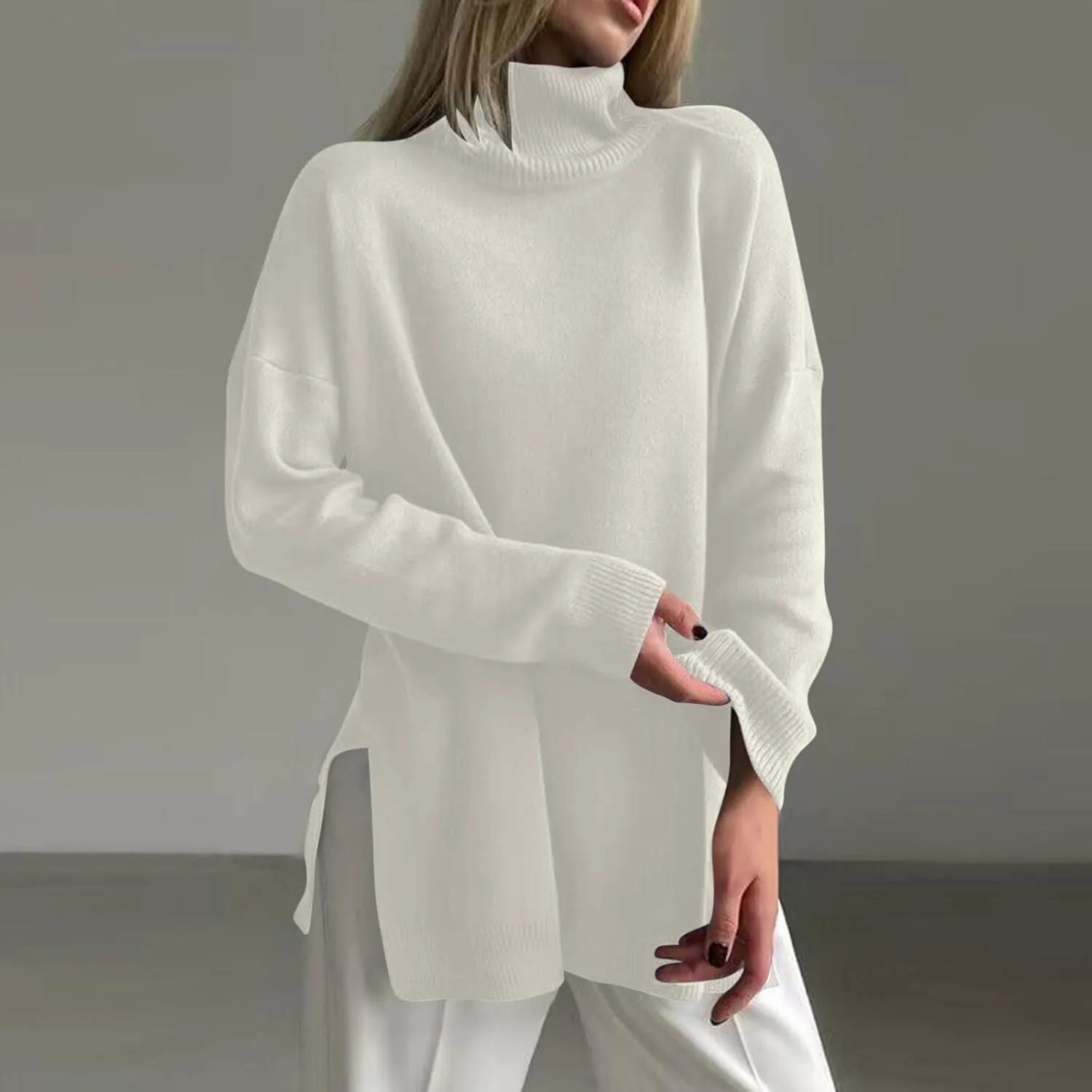 Womens Oversized Turtleneck Sweaters Long Sleeve Soft Warm Fall Winter Ribbed Knit Side Slit Trendy Tunic Pullover