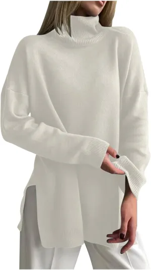 Womens Oversized Turtleneck Sweaters Long Sleeve Soft Warm Fall Winter Ribbed Knit Side Slit Trendy Tunic Pullover
