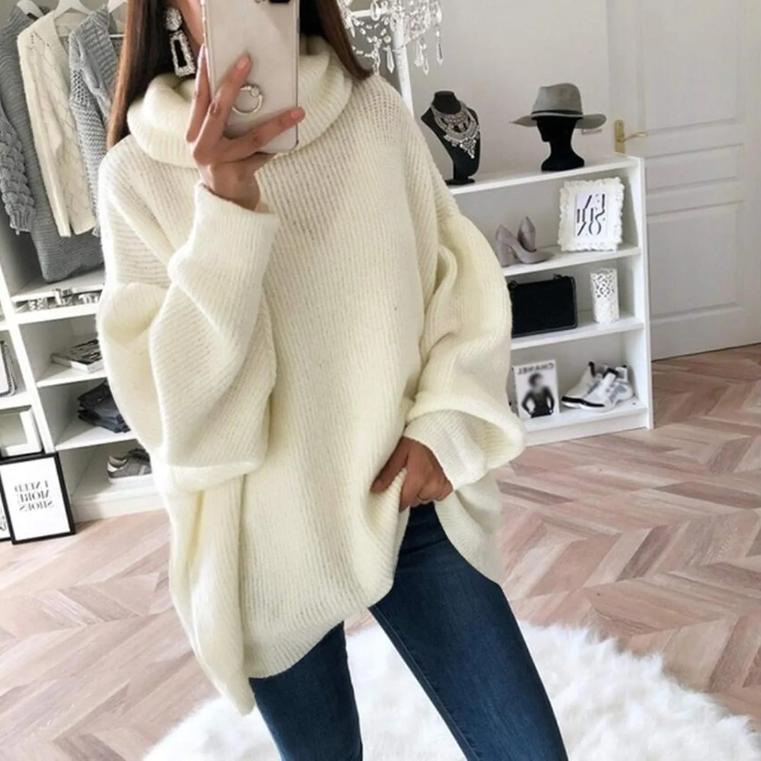 Women's Oversized Turtleneck Sweaters Soft Cozy Chunky Knit Pullover Sweater Slouchy Batwing Sleeve Jumper Tops
