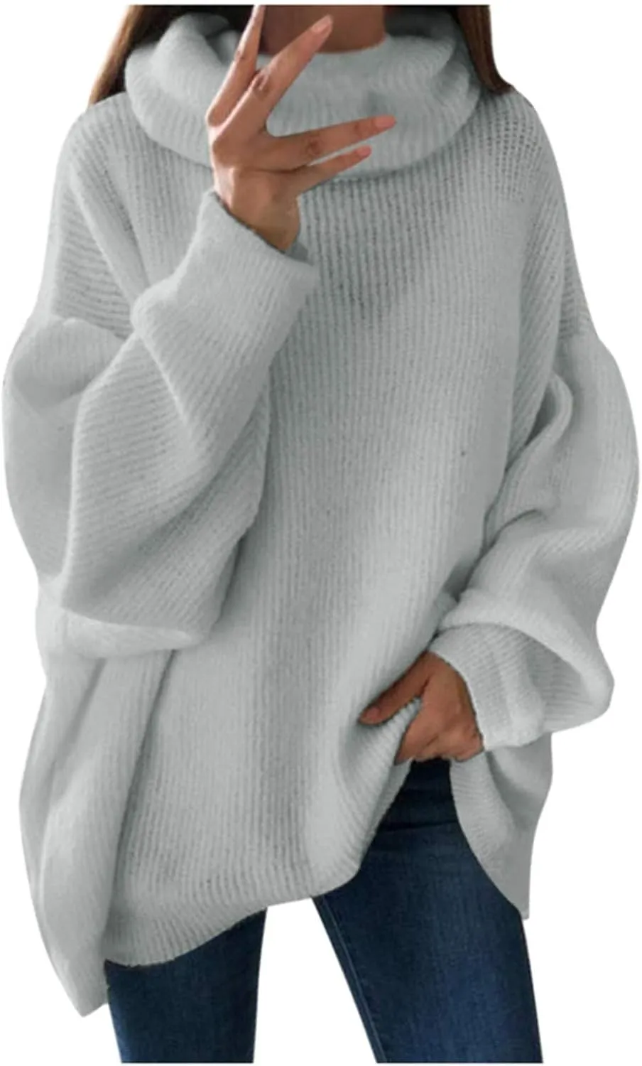 Women's Oversized Turtleneck Sweaters Soft Cozy Chunky Knit Pullover Sweater Slouchy Batwing Sleeve Jumper Tops