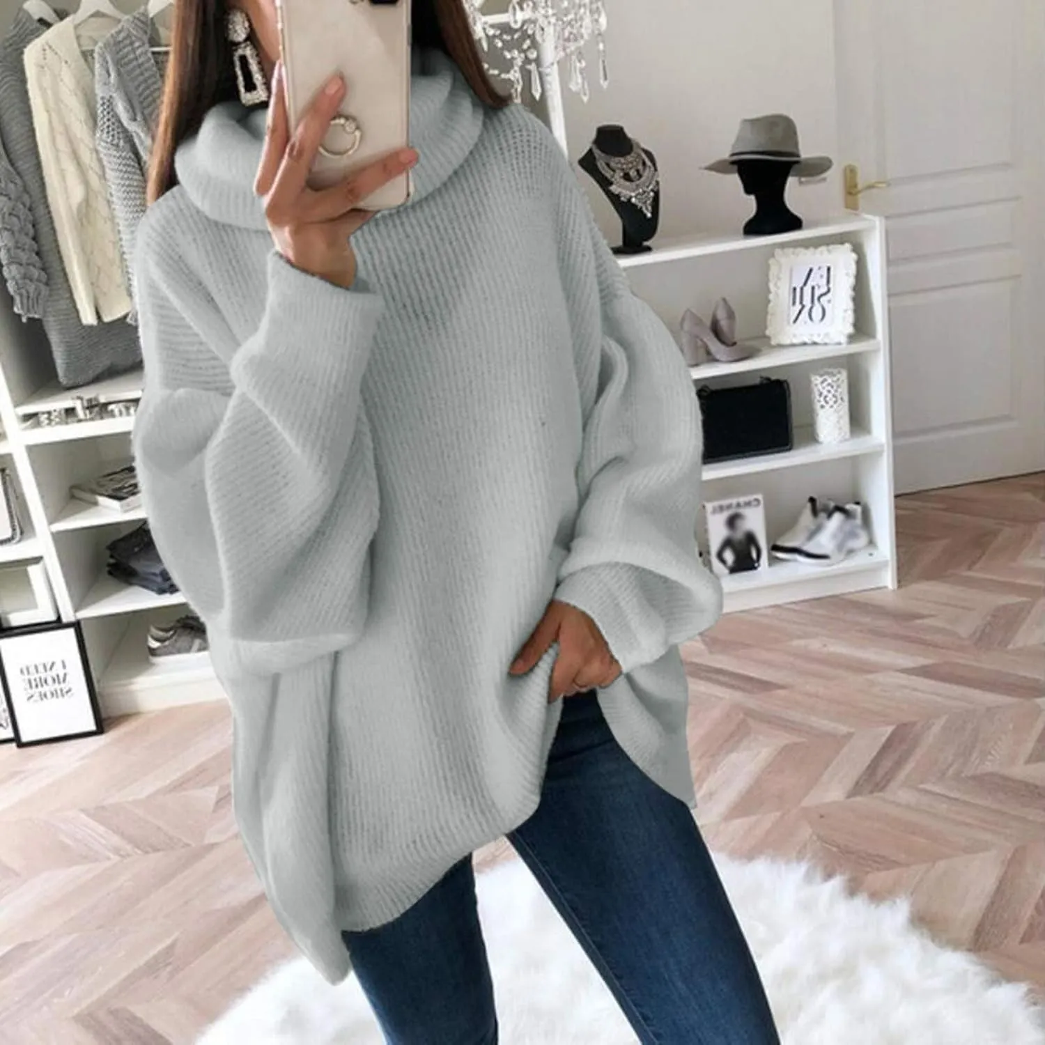 Women's Oversized Turtleneck Sweaters Soft Cozy Chunky Knit Pullover Sweater Slouchy Batwing Sleeve Jumper Tops