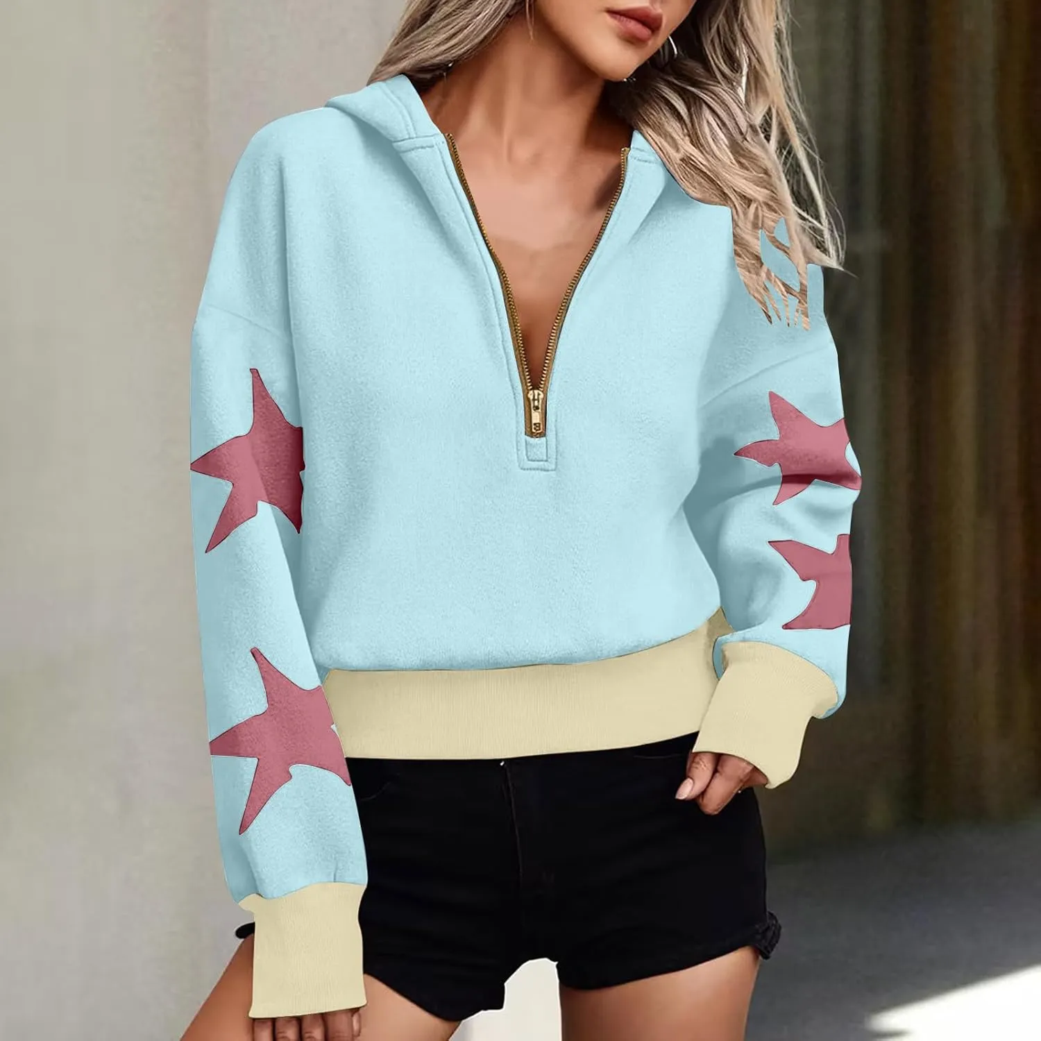 Women's Overszied Striped Sweatshirts Long Sleeve Half Zip Up Star Hoodies Winter Tops Y2K Fashion Cropped Clothes