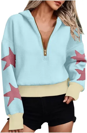 Women's Overszied Striped Sweatshirts Long Sleeve Half Zip Up Star Hoodies Winter Tops Y2K Fashion Cropped Clothes