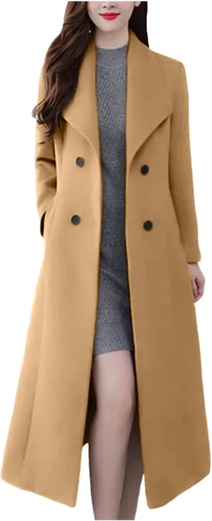 Womens Pea Coats Plus Size Double Breasted Long Wool Coats Open Front Lapel Overcoat Winter Outerwear with Pockets