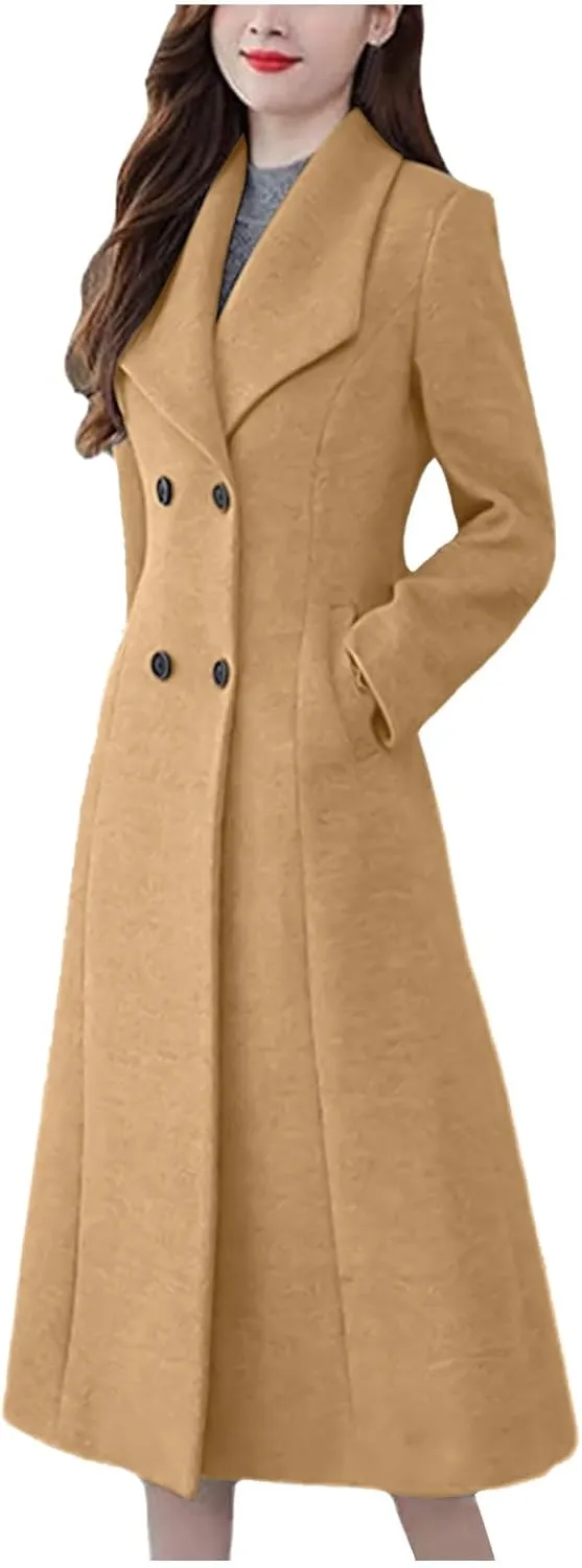 Womens Pea Coats Plus Size Double Breasted Long Wool Coats Open Front Lapel Overcoat Winter Outerwear with Pockets