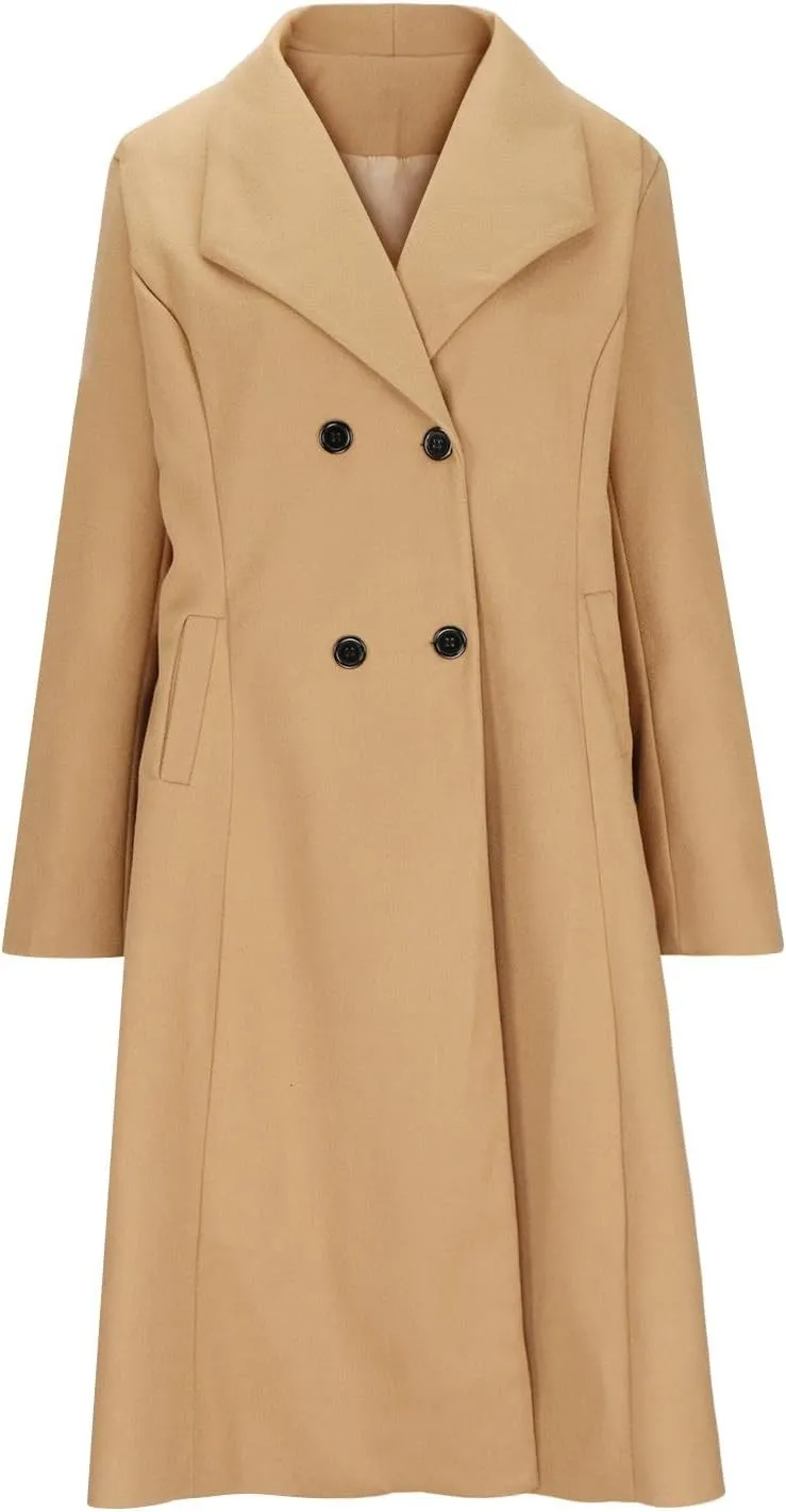 Womens Pea Coats Plus Size Double Breasted Long Wool Coats Open Front Lapel Overcoat Winter Outerwear with Pockets