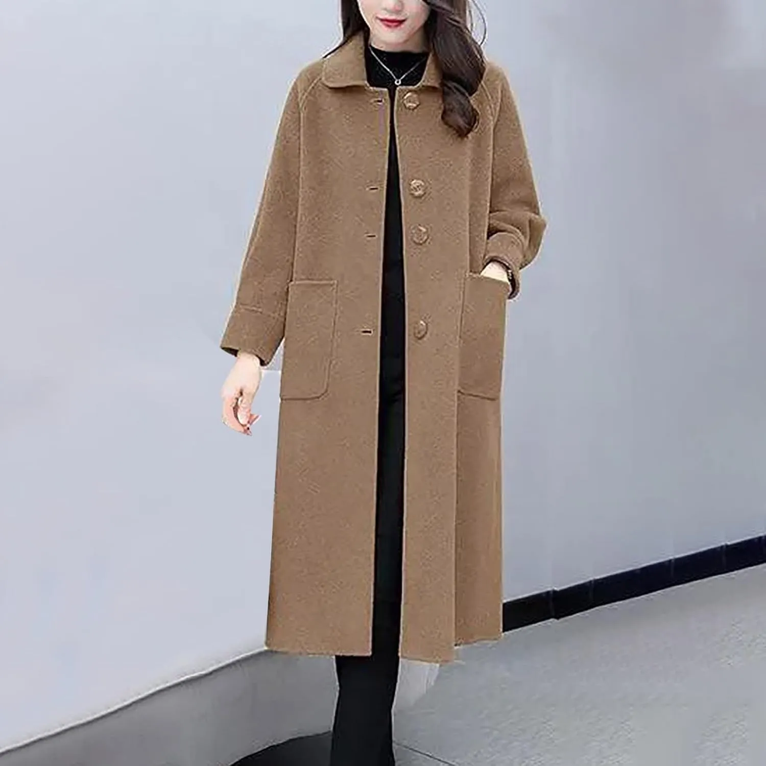 Womens Peacoat Jacket Knee Length Casual Single Breasted Wool Blend Coat Solid Color Fall Winter Trench Coat Overcoat