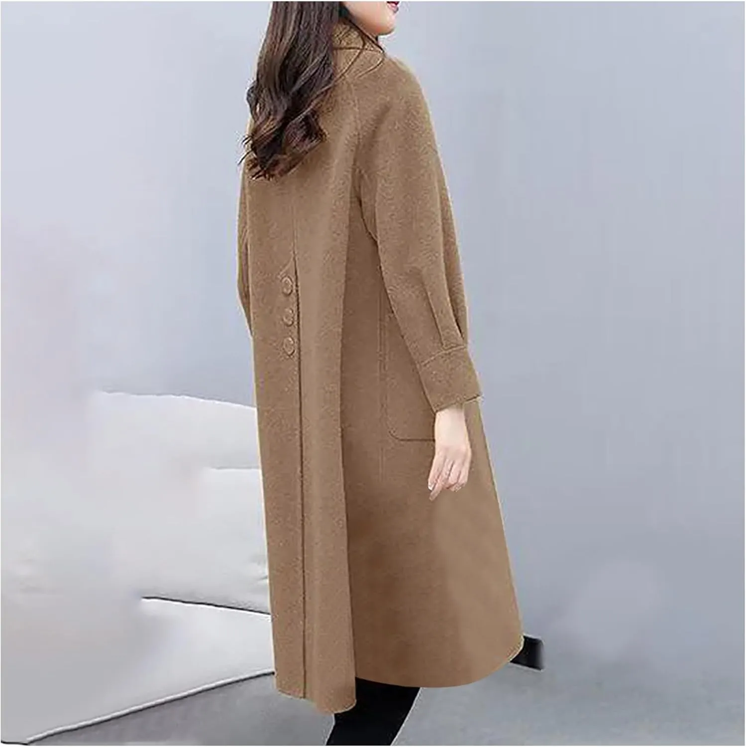 Womens Peacoat Jacket Knee Length Casual Single Breasted Wool Blend Coat Solid Color Fall Winter Trench Coat Overcoat