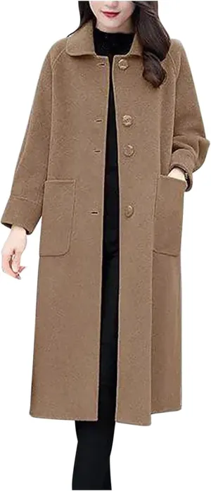 Womens Peacoat Jacket Knee Length Casual Single Breasted Wool Blend Coat Solid Color Fall Winter Trench Coat Overcoat