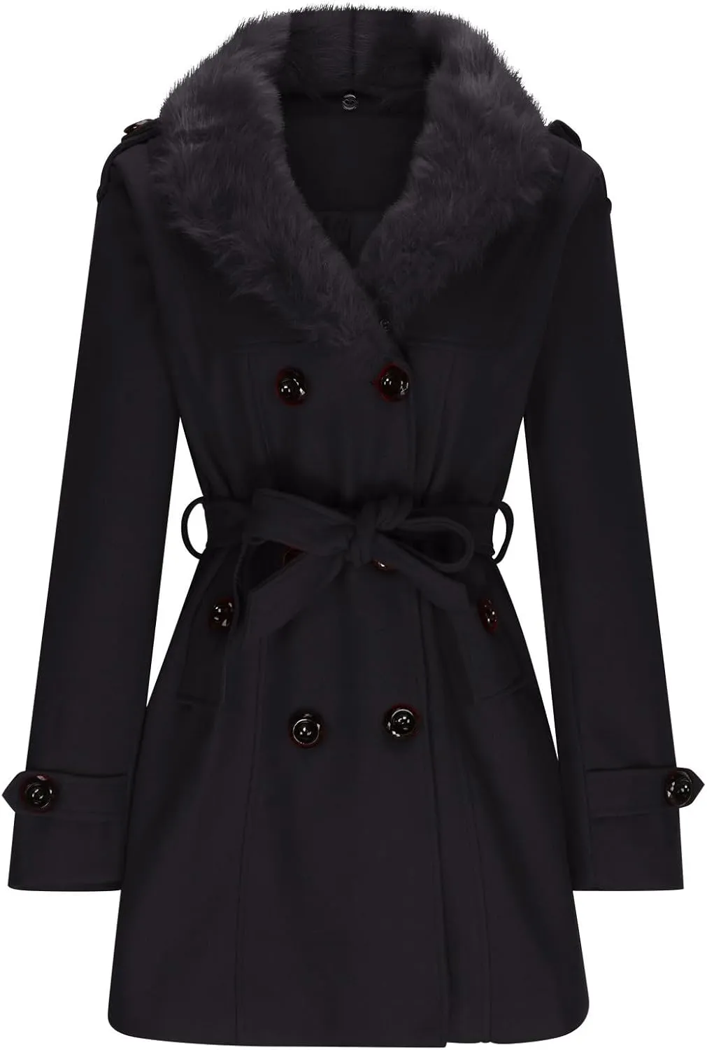 Womens Peacoat Jacket Wool Blend Coat Trendy Fleece Collar Double Breasted Trench Coat Winter Solid Belted Overcoat