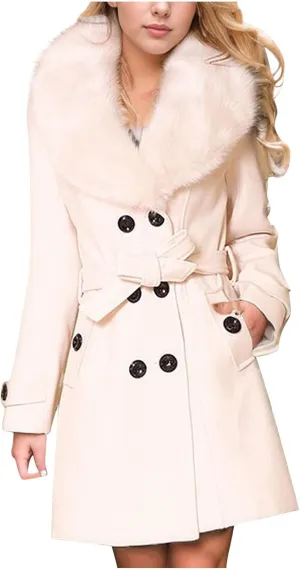 Womens Peacoat Jacket Wool Blend Coat Trendy Fleece Collar Double Breasted Trench Coat Winter Solid Belted Overcoat
