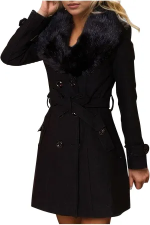 Womens Peacoat Jacket Wool Blend Coat Trendy Fleece Collar Double Breasted Trench Coat Winter Solid Belted Overcoat
