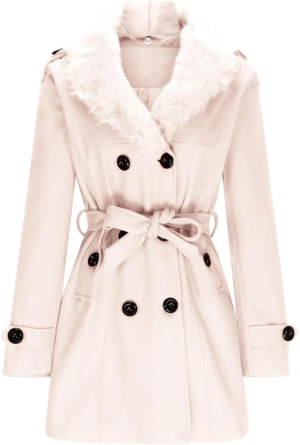 Womens Peacoat Jacket Wool Blend Coat Trendy Fleece Collar Double Breasted Trench Coat Winter Solid Belted Overcoat