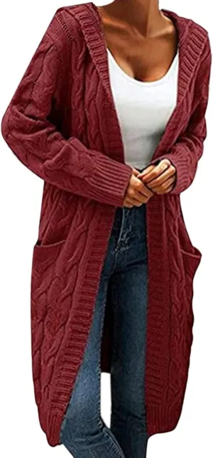 Womens Plain Chunky Open Front Cardigan with Hood Oversized Cable Knit Sweaters Solid Color Long Sweater Coats