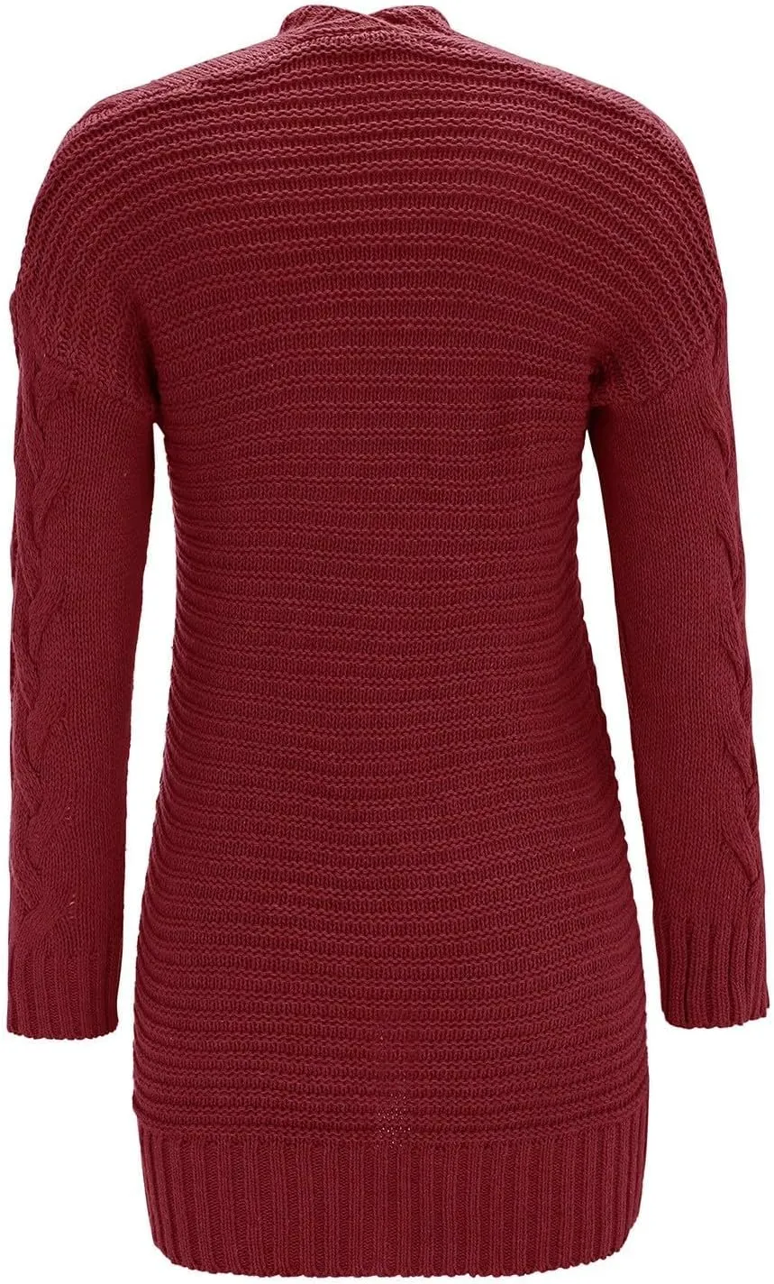 Womens Plain Chunky Open Front Cardigan with Hood Oversized Cable Knit Sweaters Solid Color Long Sweater Coats