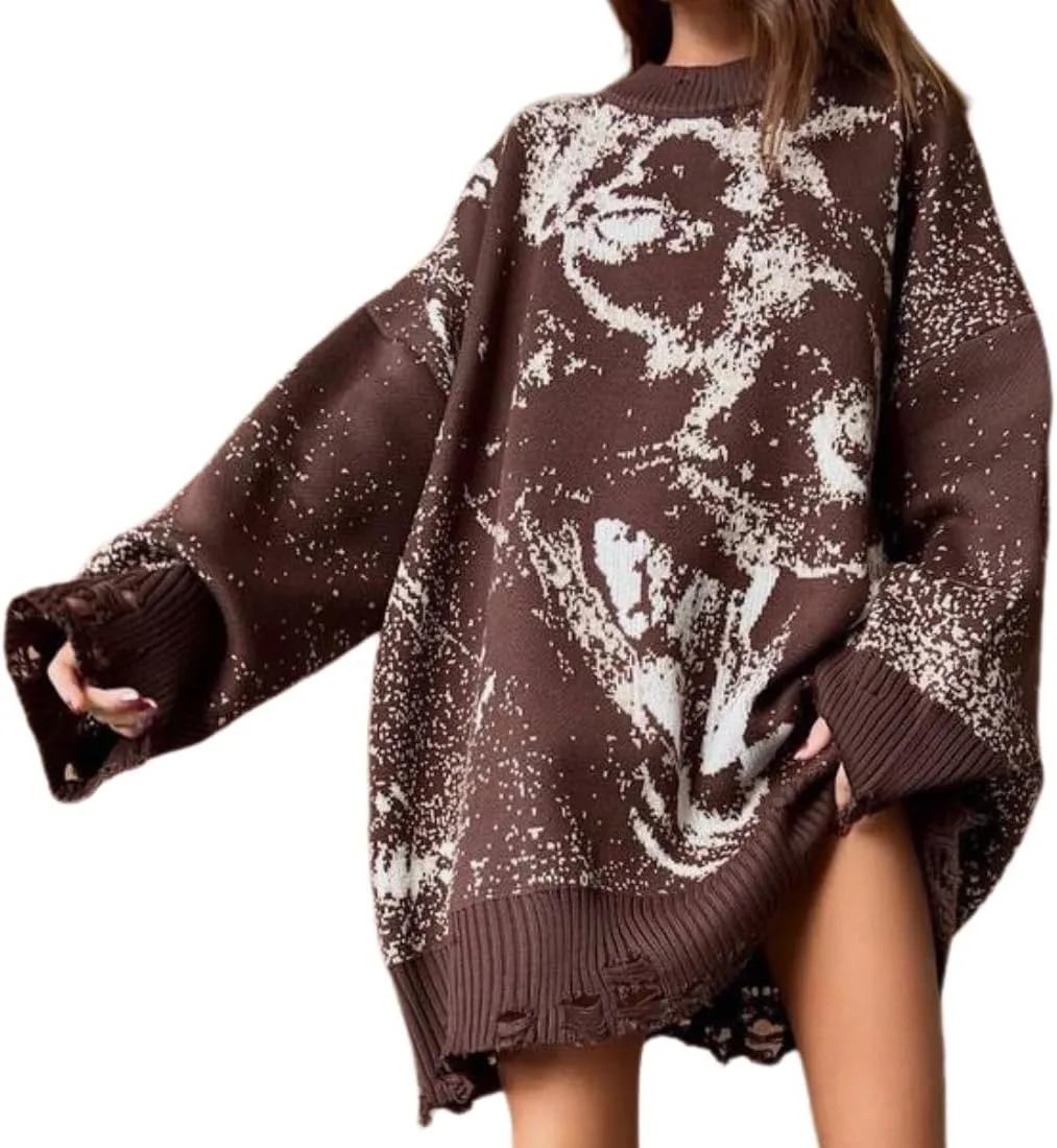 Women's Print Oversized Turtleneck Pullover Sweaters Soft Long Sleeve Trendy Winter Warm Loose Knit Sweaters