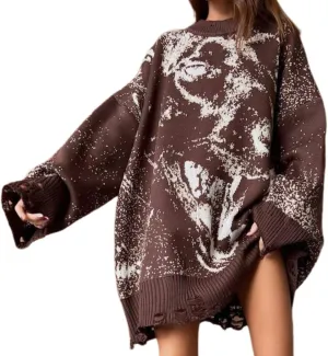 Women's Print Oversized Turtleneck Pullover Sweaters Soft Long Sleeve Trendy Winter Warm Loose Knit Sweaters