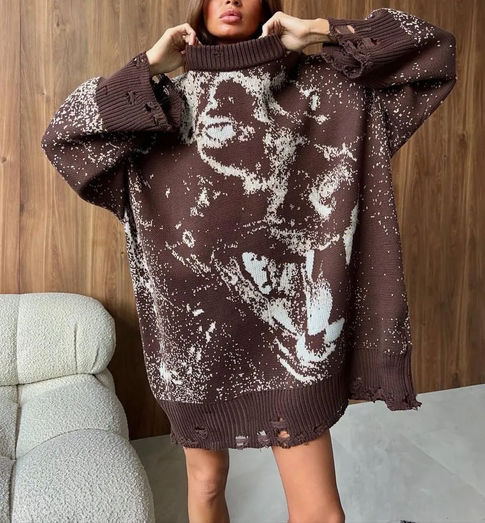 Women's Print Oversized Turtleneck Pullover Sweaters Soft Long Sleeve Trendy Winter Warm Loose Knit Sweaters